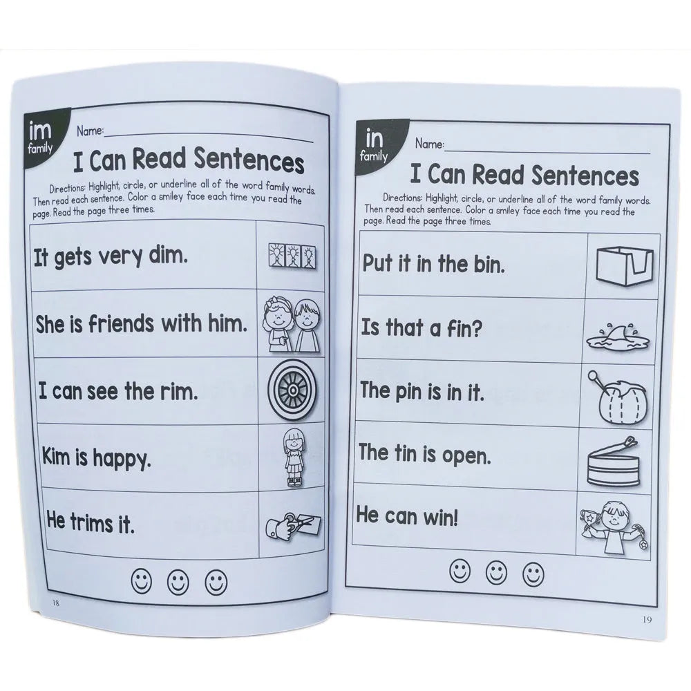 Children's English phonics reading worksheet showing A4 practice sheet with literacy exercises