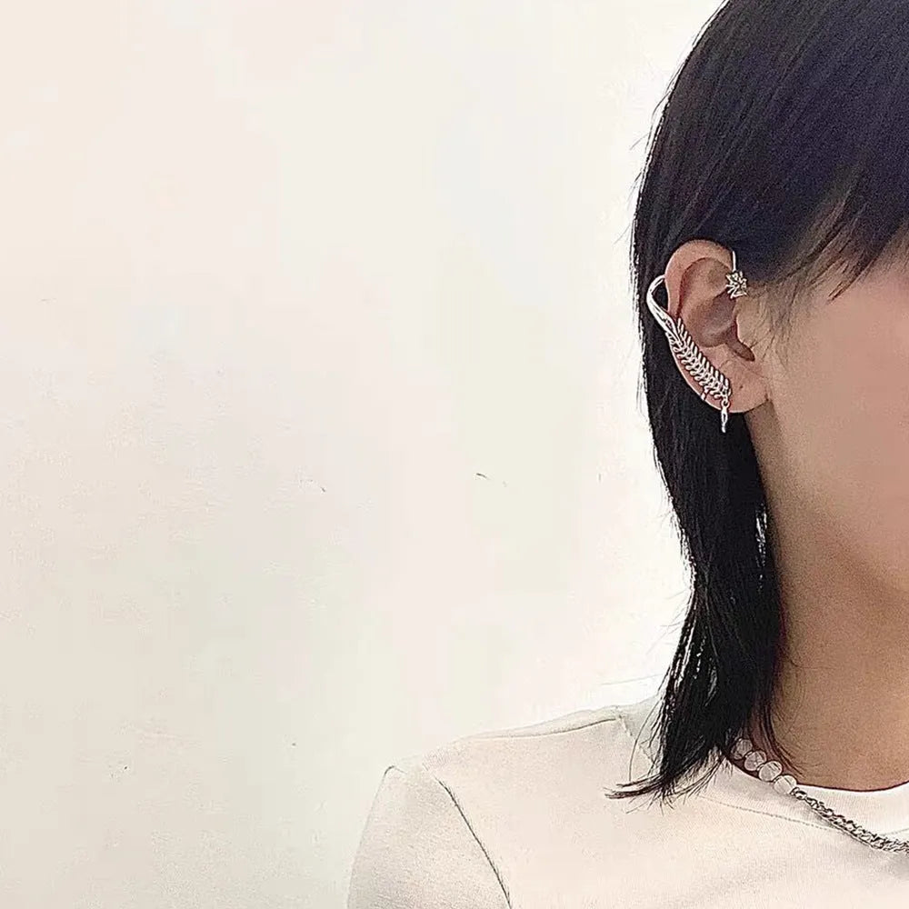 Gold-plated copper fish bone shaped non-pierced ear clip for right ear unisex style