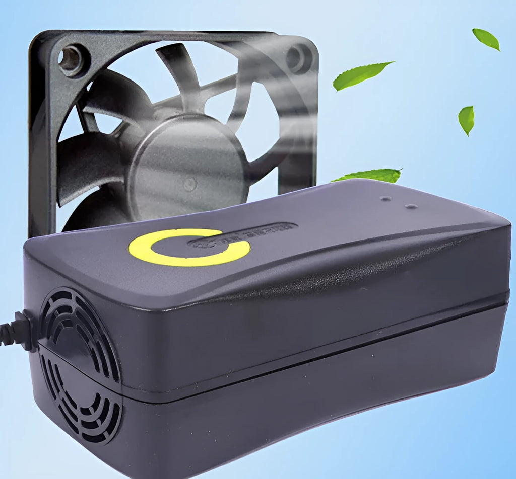 Black alloy electric car charger for 72V 20Ah batteries with pulse repair function and multiple plug options.