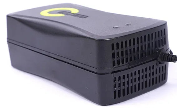 Black alloy electric car charger for 72V 20Ah batteries with pulse repair function and multiple plug options.