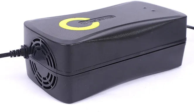Black alloy electric car charger for 72V 20Ah batteries with pulse repair function and multiple plug options.