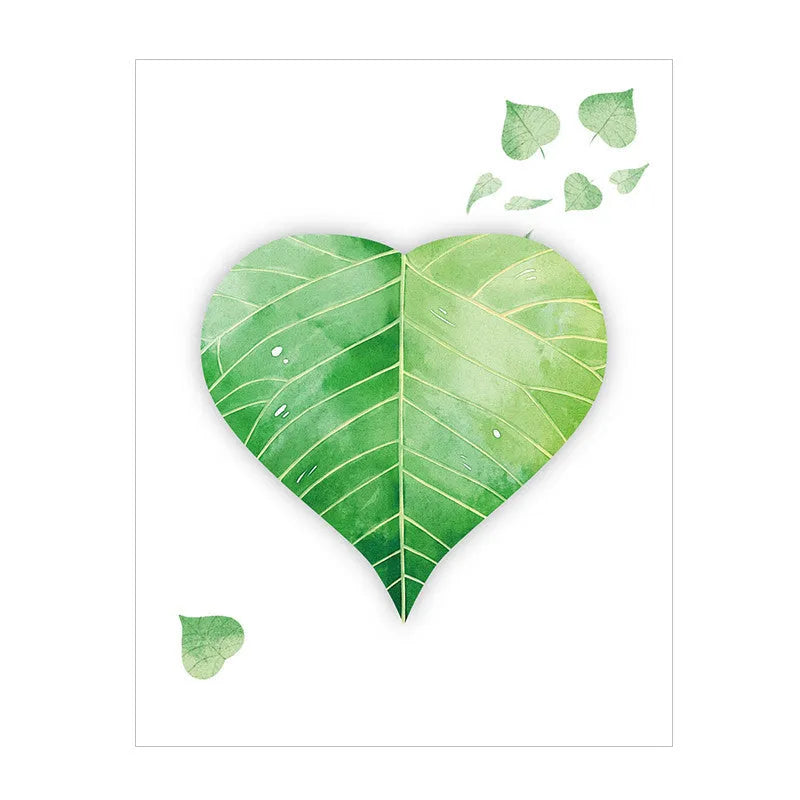A pad of sticky notes with eight different illustrated leaf designs, including Water Lily and Maple Leaf motifs.