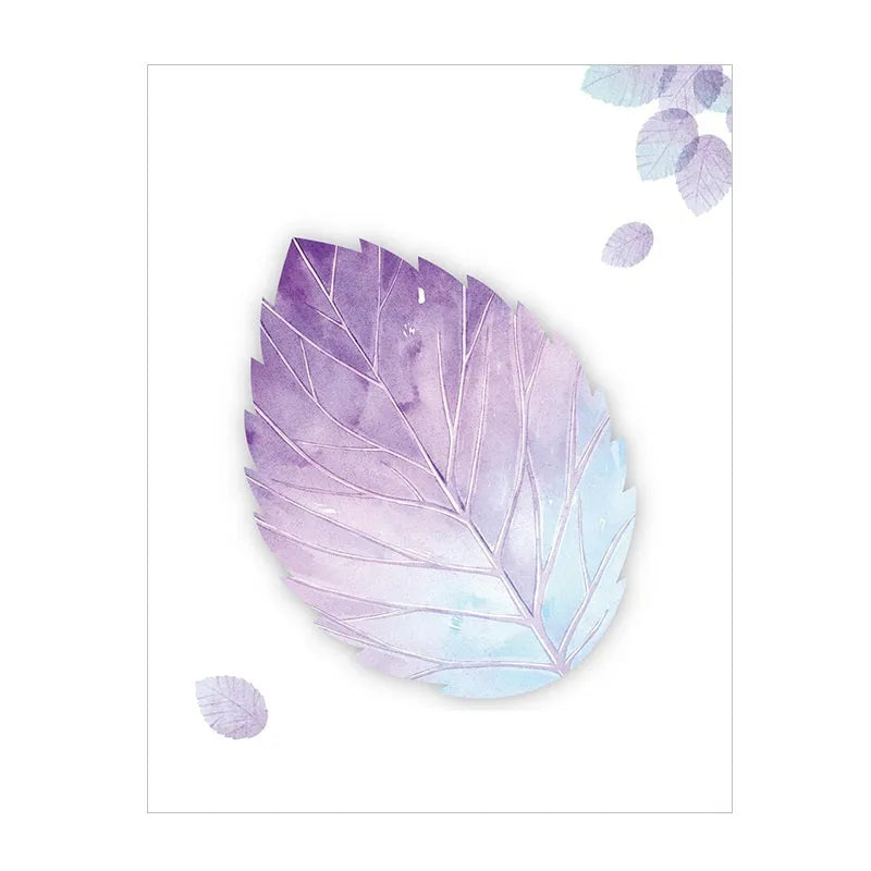 A pad of sticky notes with eight different illustrated leaf designs, including Water Lily and Maple Leaf motifs.
