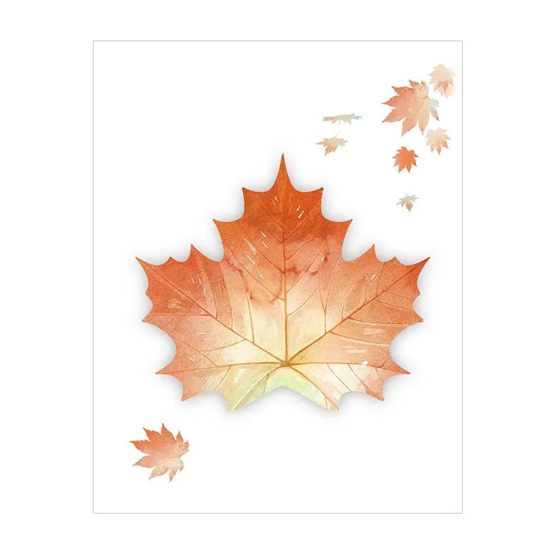 A pad of sticky notes with eight different illustrated leaf designs, including Water Lily and Maple Leaf motifs.