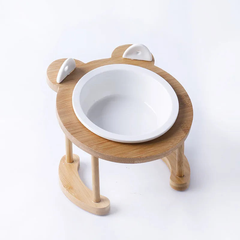 Ceramic cat bowl with bamboo rack on non-slip base, 15° tilt angle for comfortable feeding
