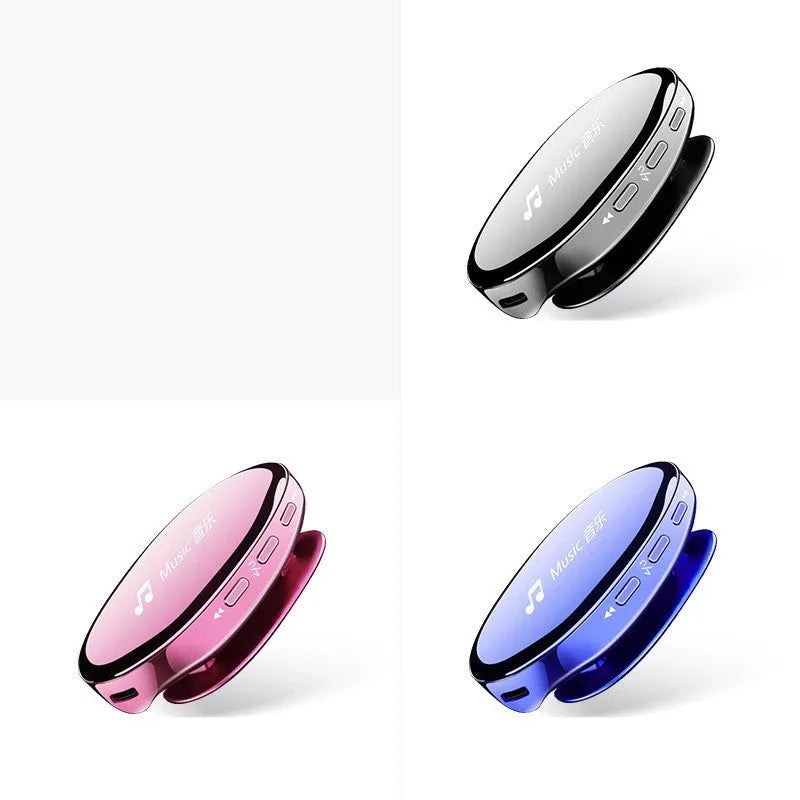 Bluetooth MP4 music player in black, blue, or rose gold with OLED screen showing track info.