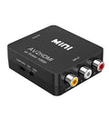 Black and white AV to HDMI converter with 0.5 metre cable showing connection ports