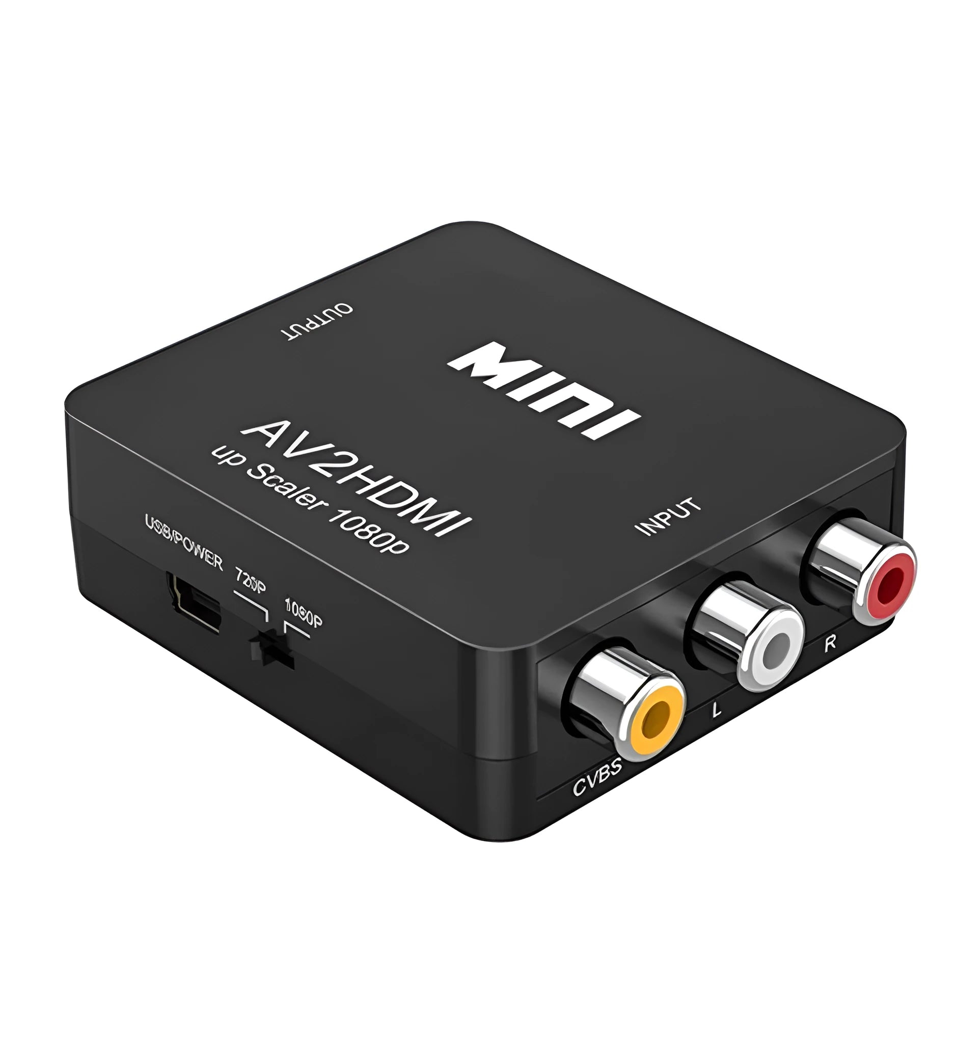 Black and white AV to HDMI converter with 0.5 metre cable showing connection ports