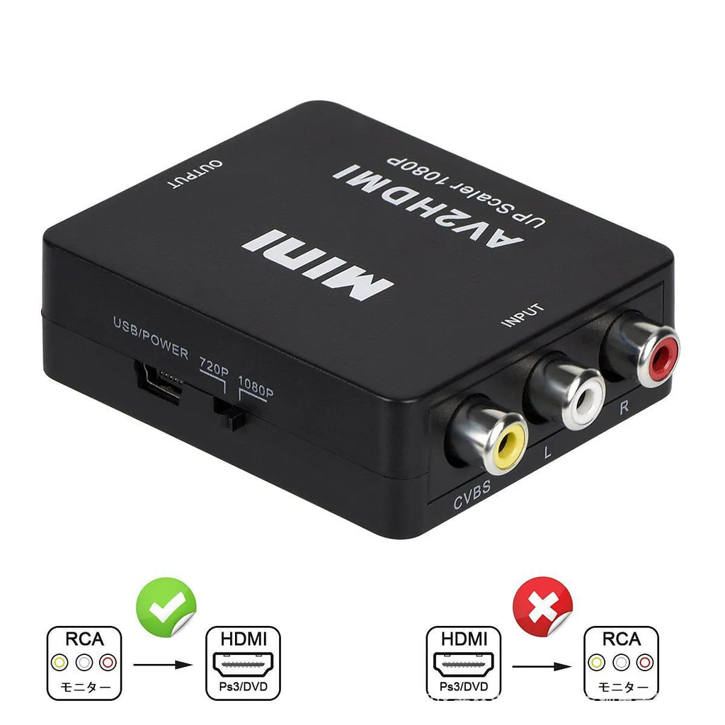 Black and white AV to HDMI converter with 0.5 metre cable showing connection ports