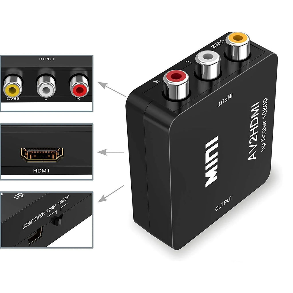Black and white AV to HDMI converter with 0.5 metre cable showing connection ports