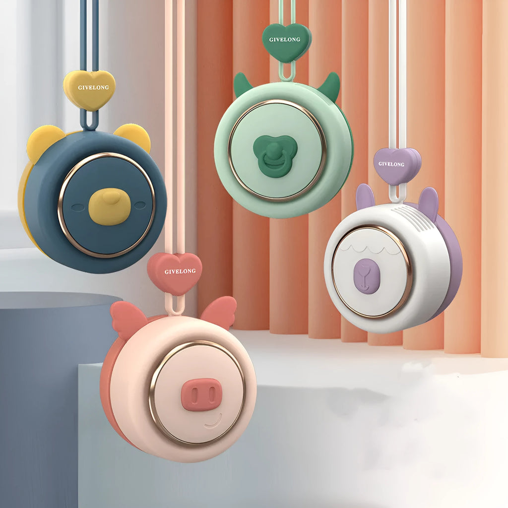 Mini bladeless neck band fan with hanging rope, shown in a cute animal colour variant.