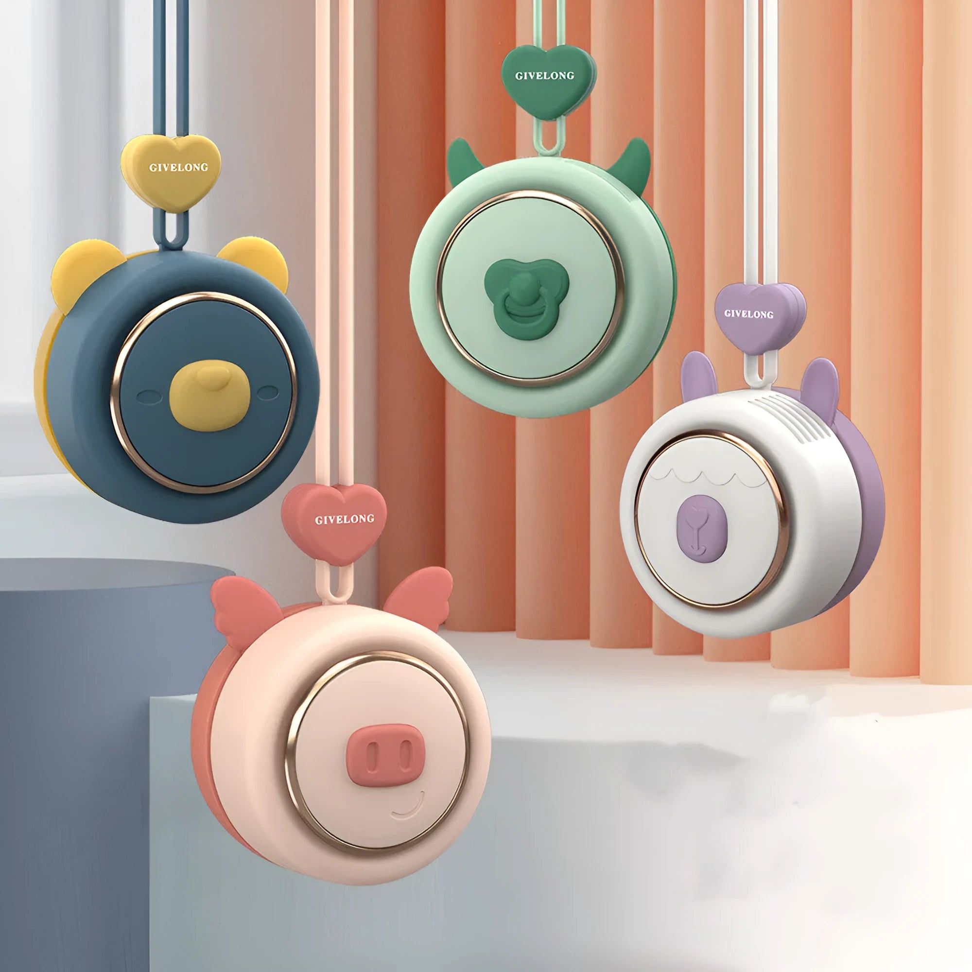 Mini bladeless neck band fan with hanging rope, shown in a cute animal colour variant.
