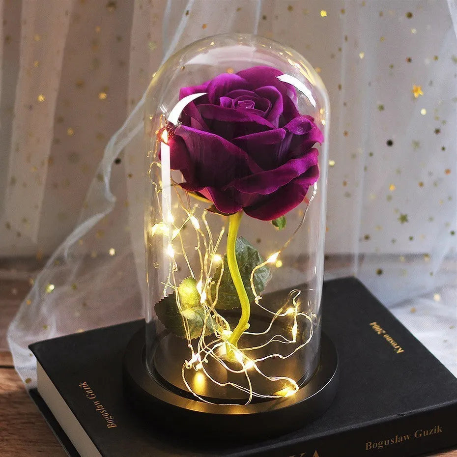 Silk flower LED rose bouquet in glass cover with warm white lighting