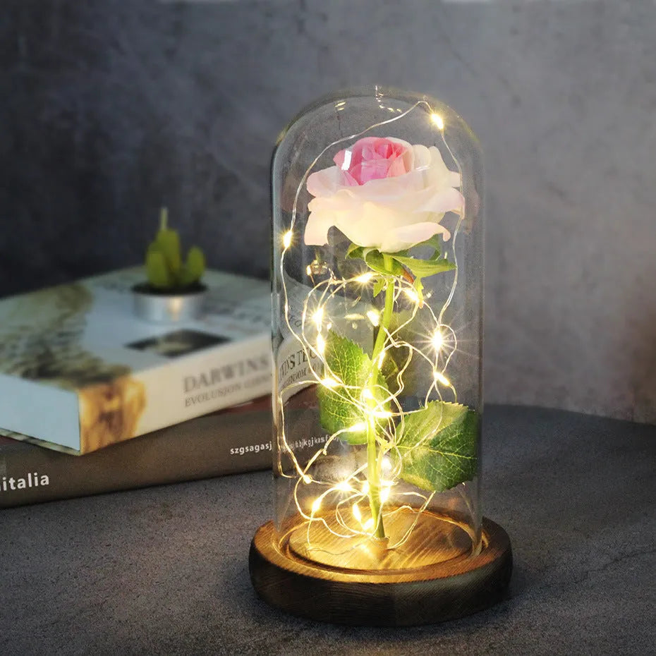 Silk flower LED rose bouquet in glass cover with warm white lighting