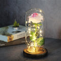 Silk flower LED rose bouquet in glass cover with warm white lighting
