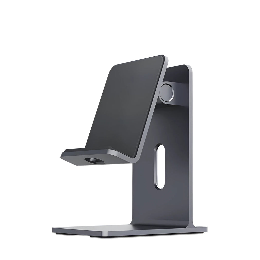 Dark space grey aluminium alloy mobile phone and tablet holder on a wooden desk.