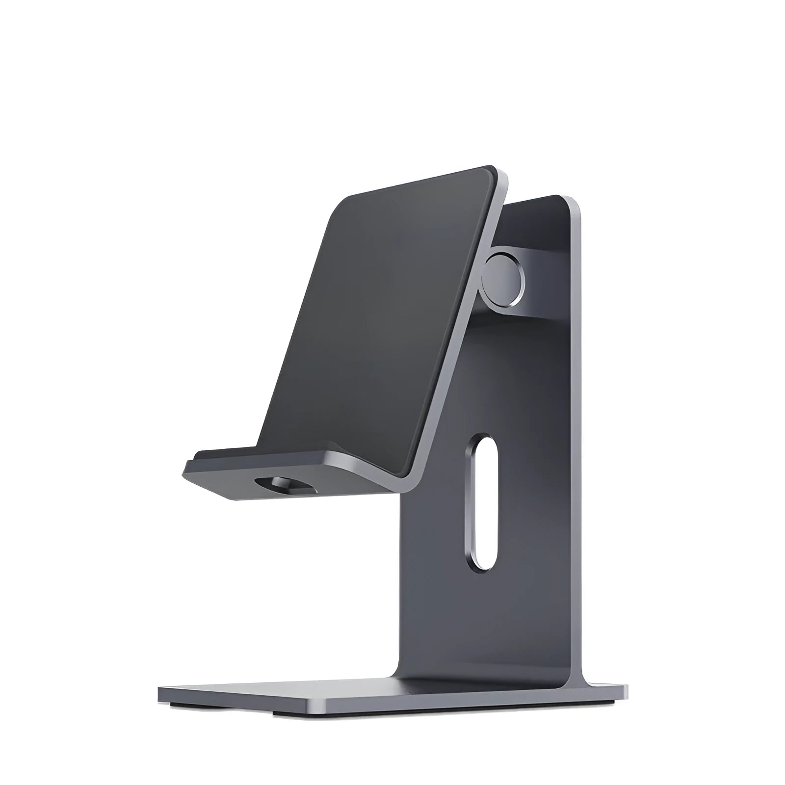 Dark space grey aluminium alloy mobile phone and tablet holder on a wooden desk.