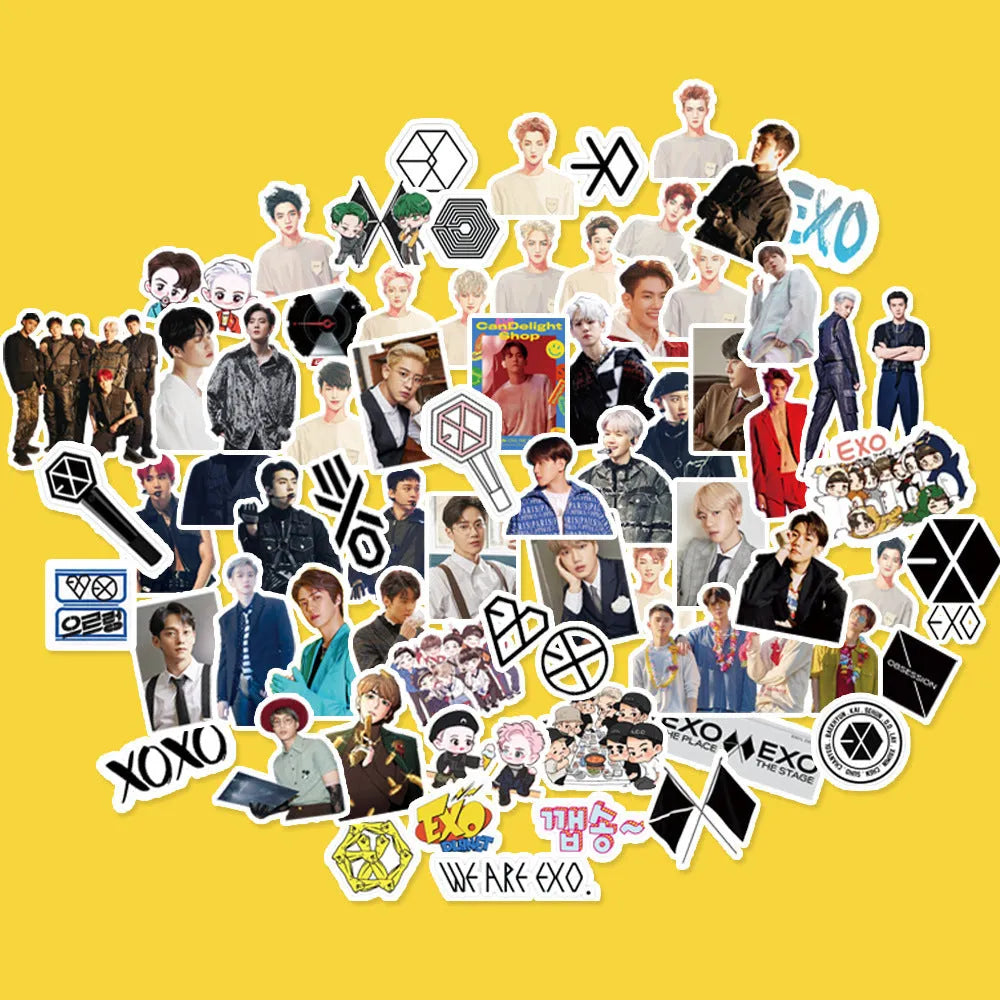 Star-shaped K-pop group luggage stickers featuring Exo, NCT127, Stray Kids designs.