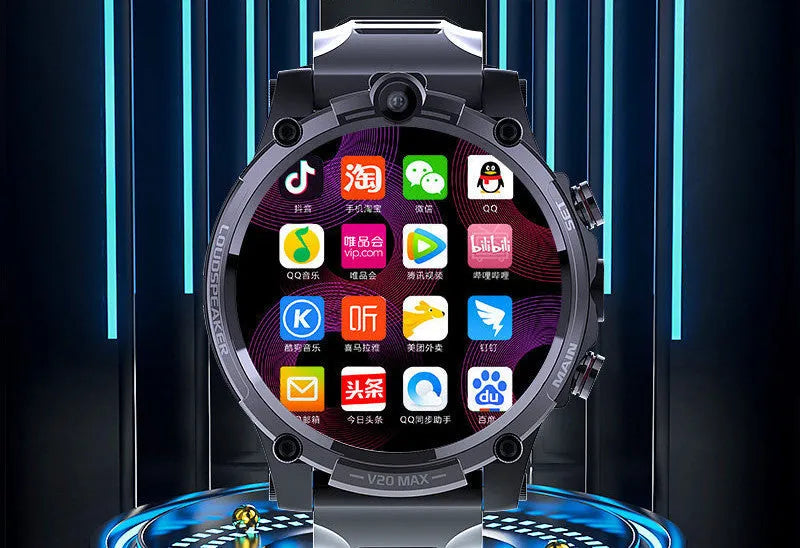Black 4G smartwatch with 1.6-inch screen, dual cameras, and a wrist strap displayed on an adult wrist.