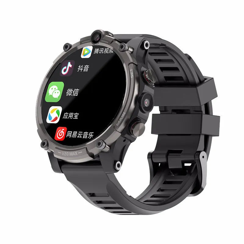 Black 4G smartwatch with 1.6-inch screen, dual cameras, and a wrist strap displayed on an adult wrist.