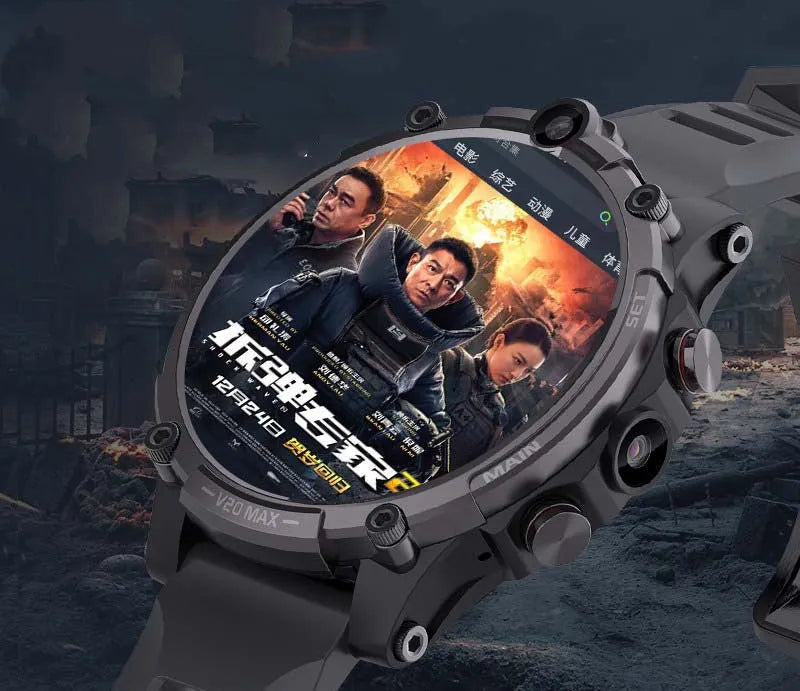 Black 4G smartwatch with 1.6-inch screen, dual cameras, and a wrist strap displayed on an adult wrist.