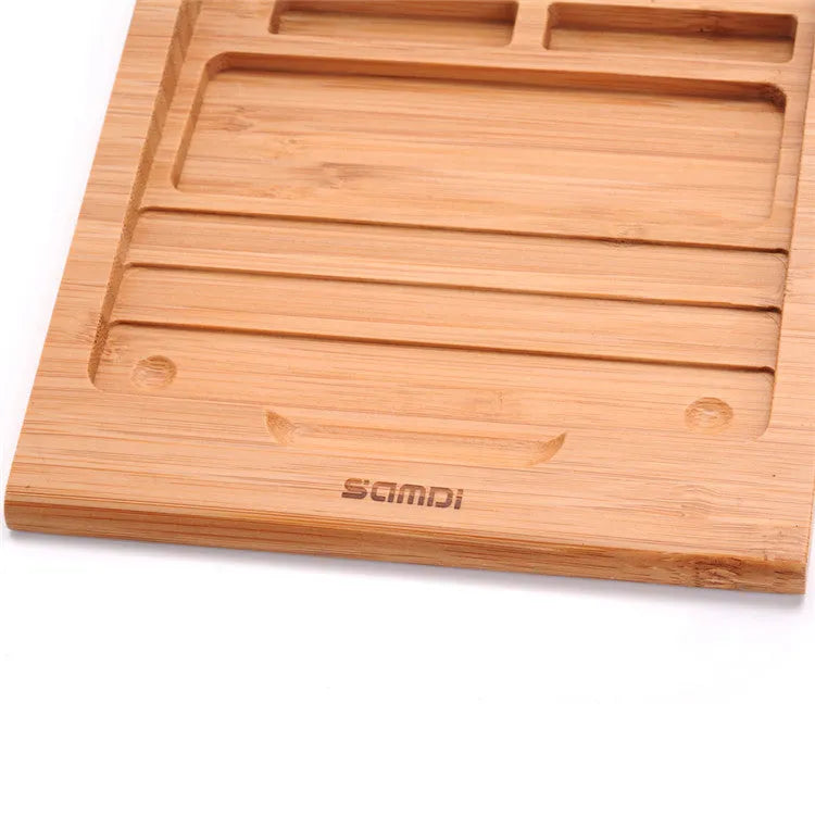 Apple Bluetooth touchpad bracket in natural bamboo wood showing dimensions and tablet compatibility
