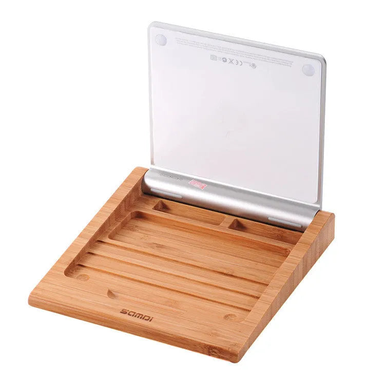 Apple Bluetooth touchpad bracket in natural bamboo wood showing dimensions and tablet compatibility