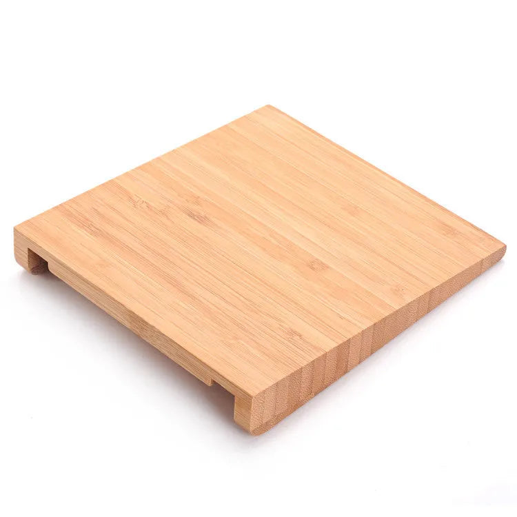 Apple Bluetooth touchpad bracket in natural bamboo wood showing dimensions and tablet compatibility