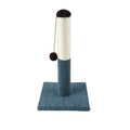 Cat climbing pole with plush top, sisal rope scratching area, toy ball, and round base in gold on a wooden floor