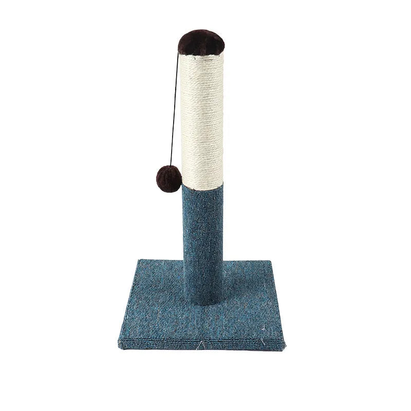 Cat climbing pole with plush top, sisal rope scratching area, toy ball, and round base in gold on a wooden floor