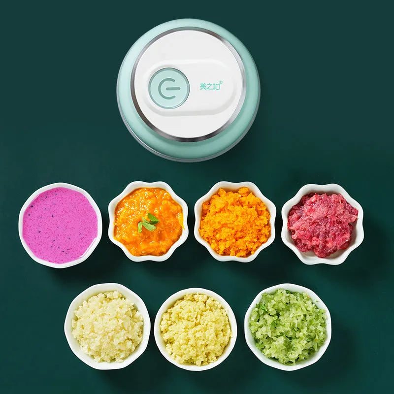 Electric food chopper with transparent cup and stainless steel blade showing 150ml and 230ml capacity options