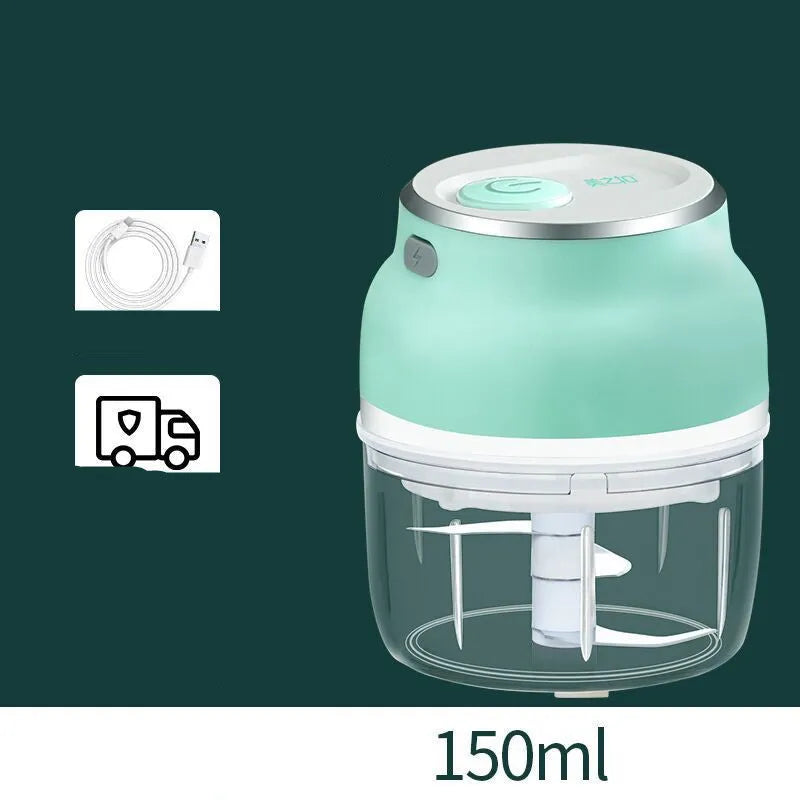 Electric food chopper with transparent cup and stainless steel blade showing 150ml and 230ml capacity options