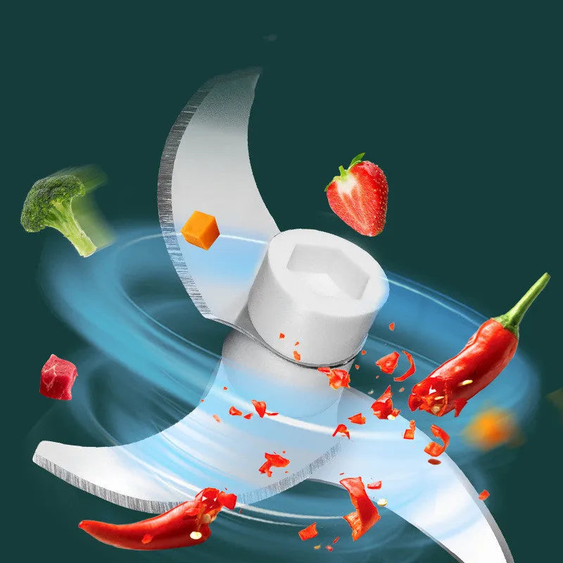 Electric food chopper with transparent cup and stainless steel blade showing 150ml and 230ml capacity options