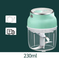 Electric food chopper with transparent cup and stainless steel blade showing 150ml and 230ml capacity options