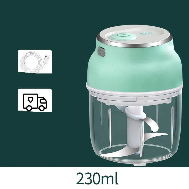 Electric food chopper with transparent cup and stainless steel blade showing 150ml and 230ml capacity options