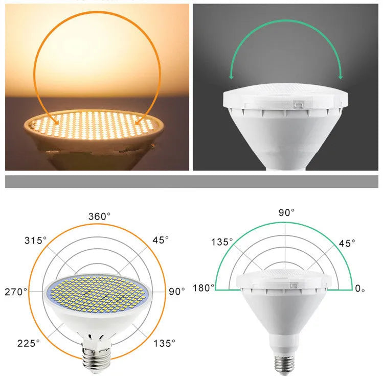 E27 screw base LED lamp cup bulb showing cool white and warm white light options.