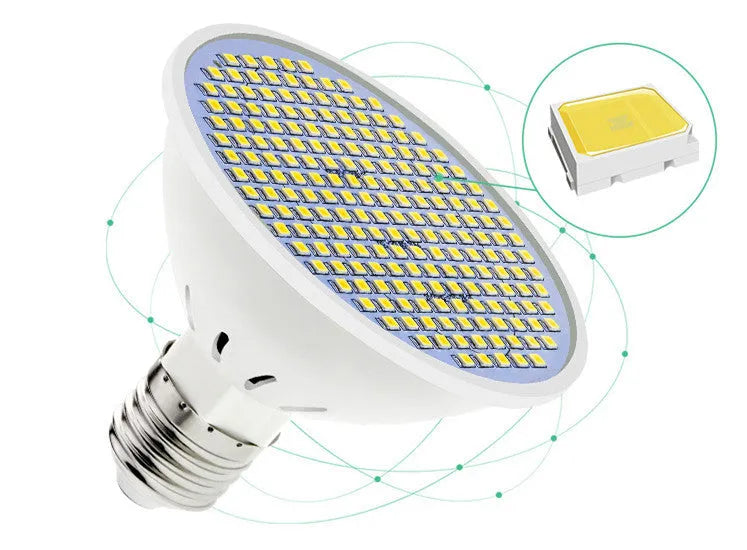 E27 screw base LED lamp cup bulb showing cool white and warm white light options.