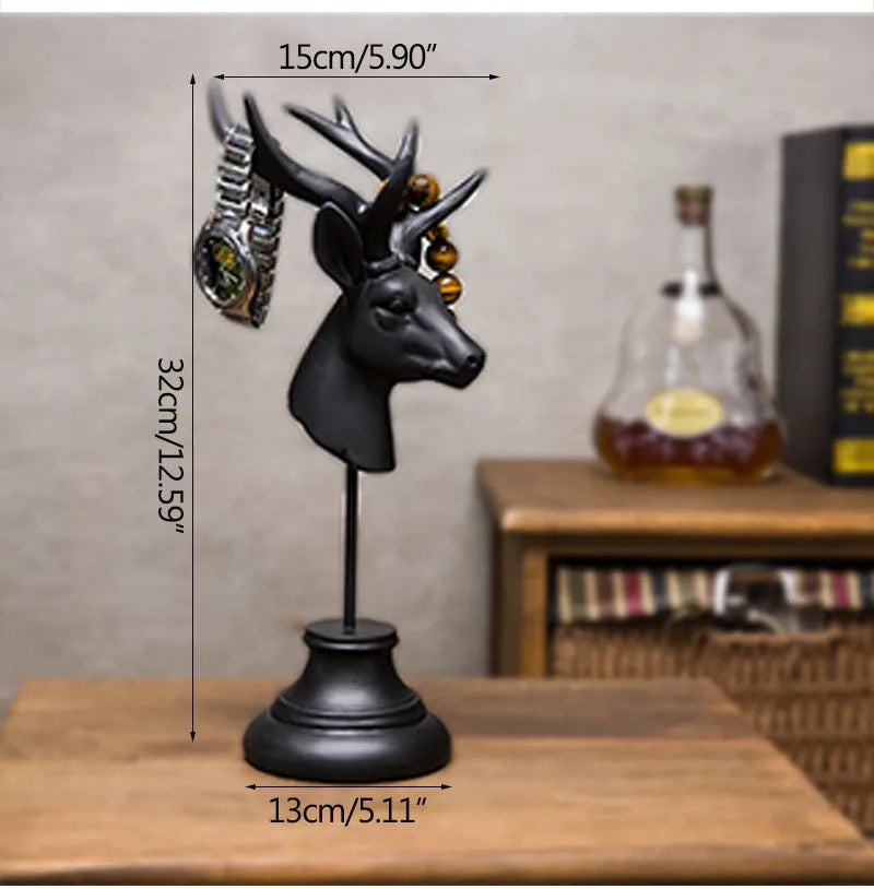 A tall resin giraffe statue home decoration in black, white, or wood colour, shown next to a ruler indicating its 32cm height.