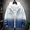 Men's loose fit denim jacket with lapel collar, single-breasted front, long sleeves, in blue