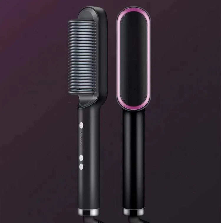 Red and black dual-function 2-in-1 hair straightener and curling tong hot comb on a white background