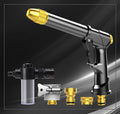 All-metal telescopic garden hose extended to full length with spray gun showing four pattern options