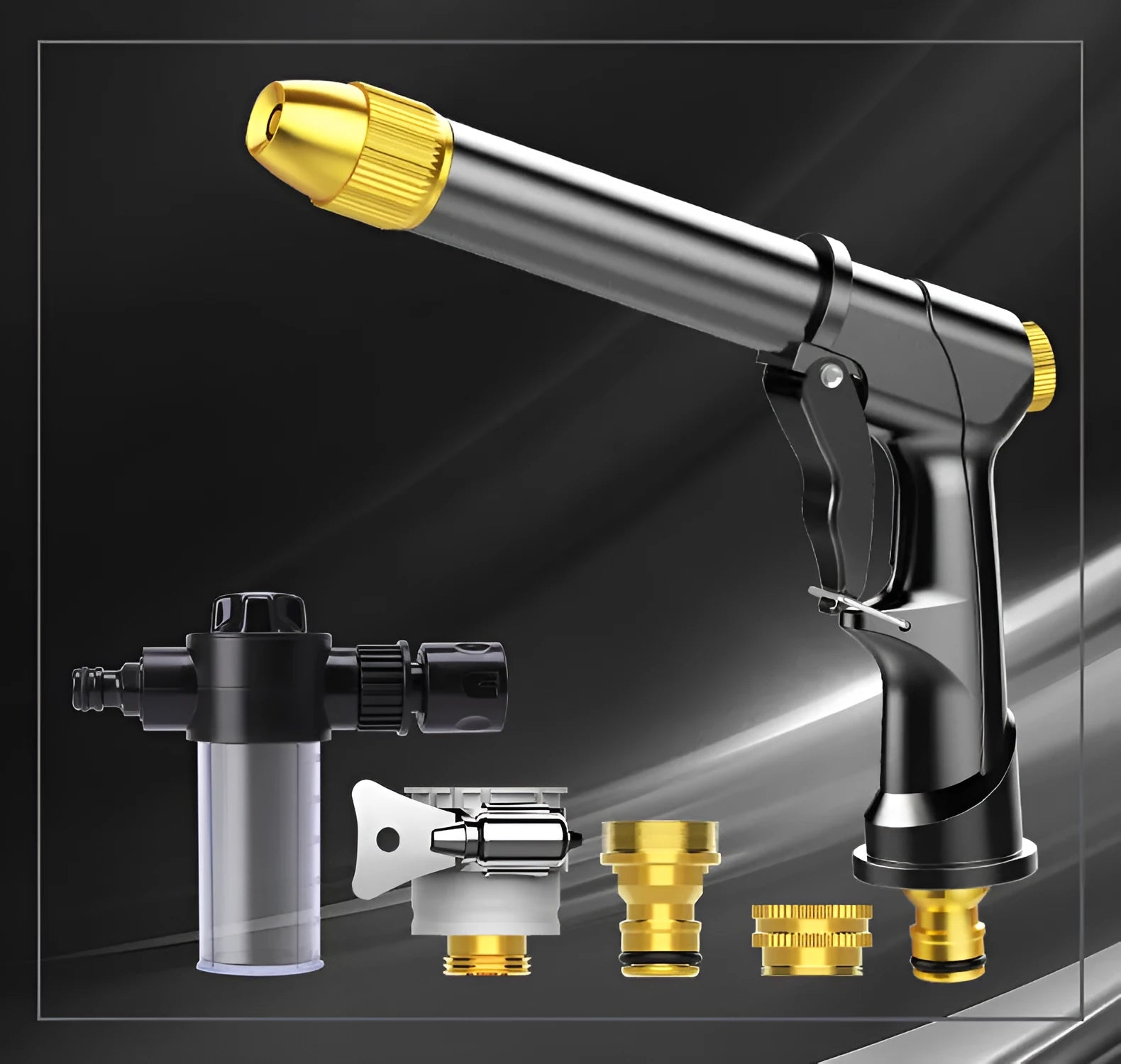 All-metal telescopic garden hose extended to full length with spray gun showing four pattern options