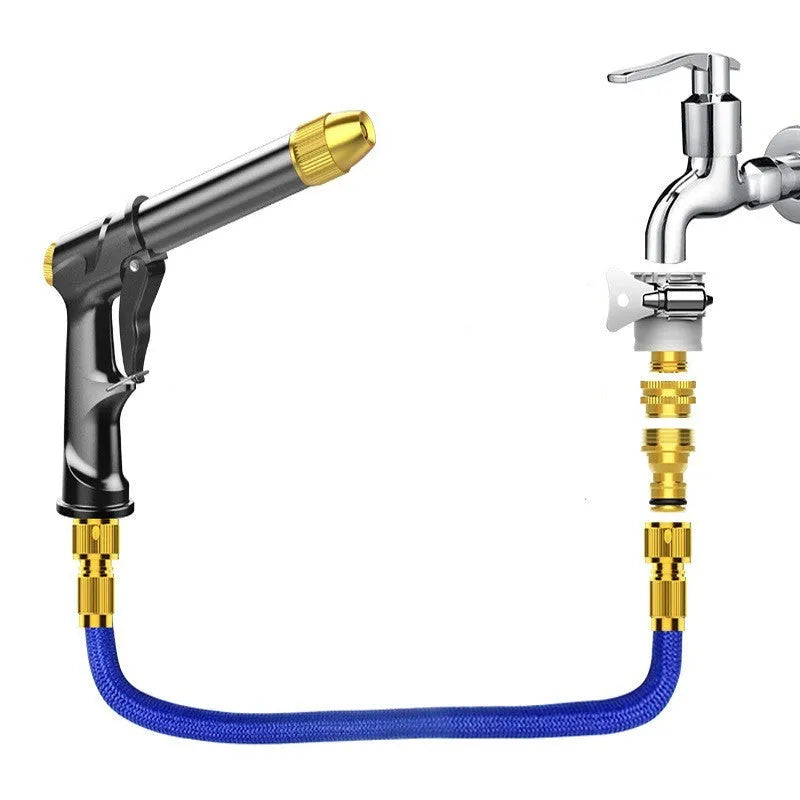 All-metal telescopic garden hose extended to full length with spray gun showing four pattern options