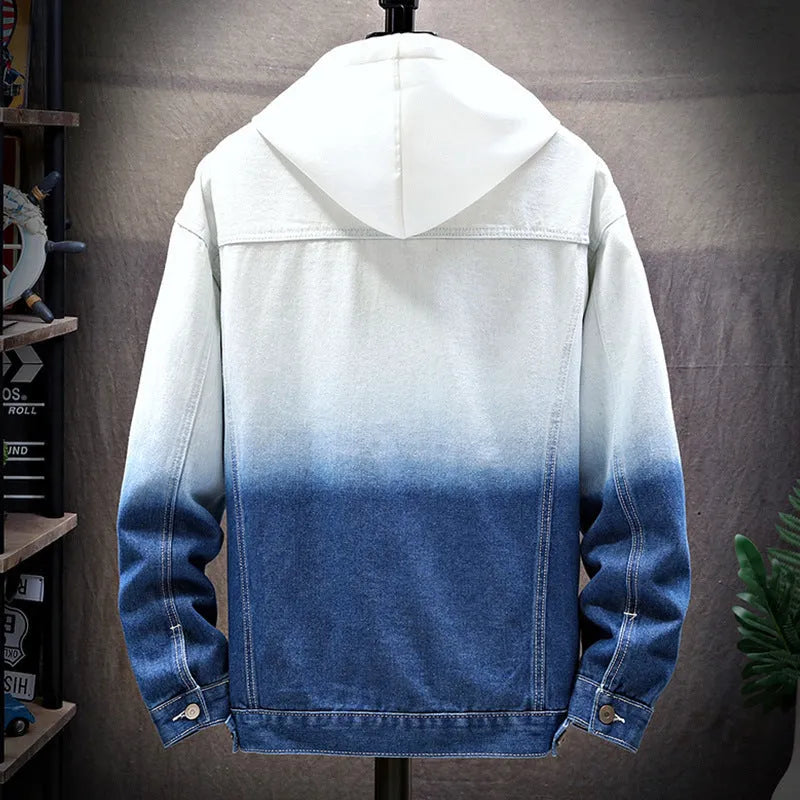 Men's loose fit denim jacket with lapel collar, single-breasted front, long sleeves, in blue