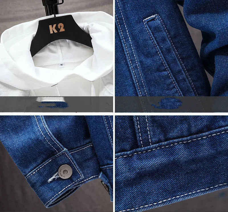 Men's loose fit denim jacket with lapel collar, single-breasted front, long sleeves, in blue