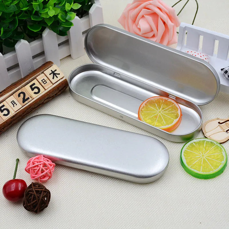 Rectangular frosted iron tinplate box for cosmetic and pen storage, 175mm long.