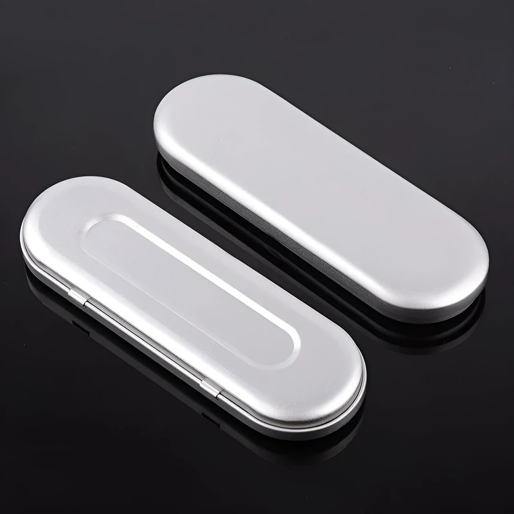 Rectangular frosted iron tinplate box for cosmetic and pen storage, 175mm long.