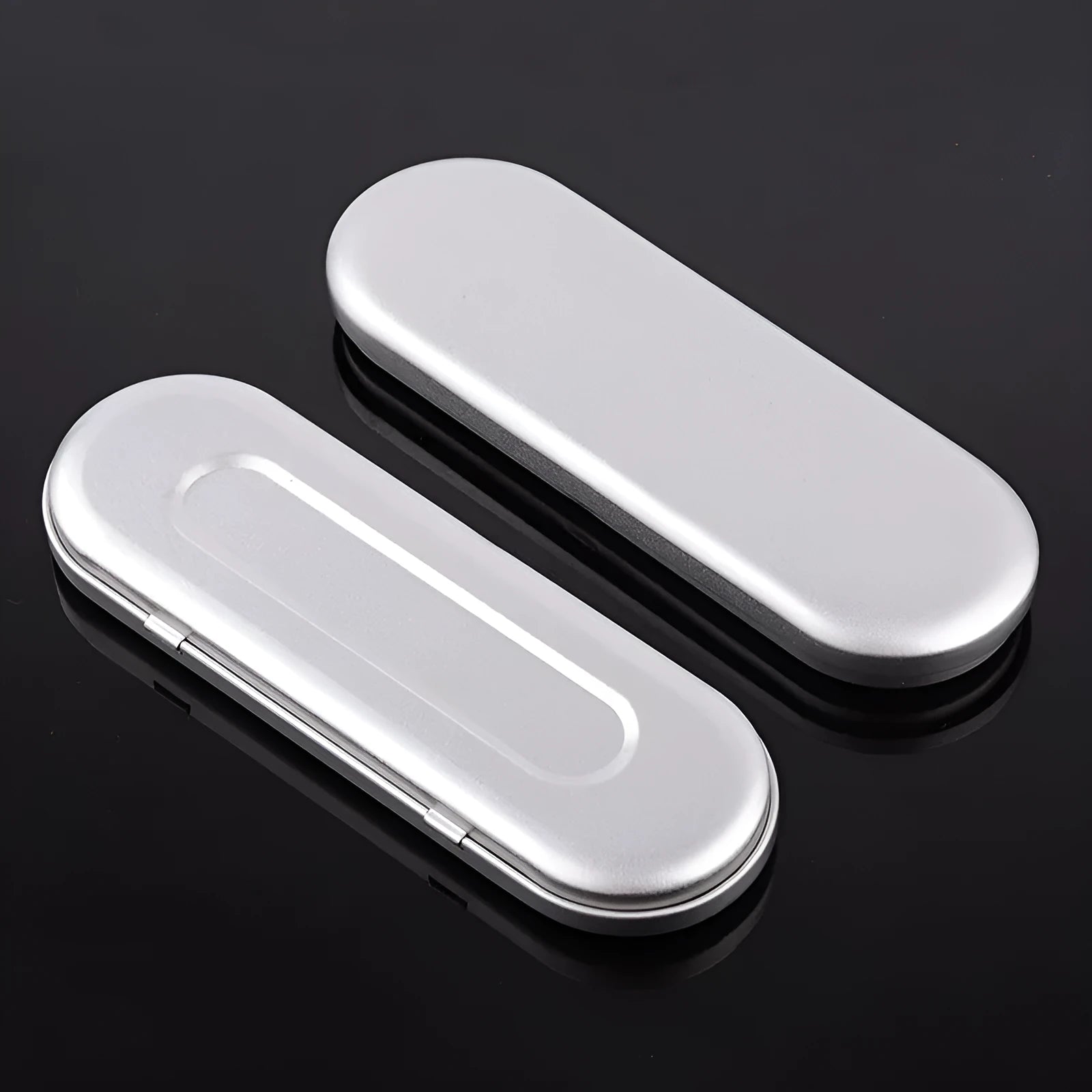 Rectangular frosted iron tinplate box for cosmetic and pen storage, 175mm long.
