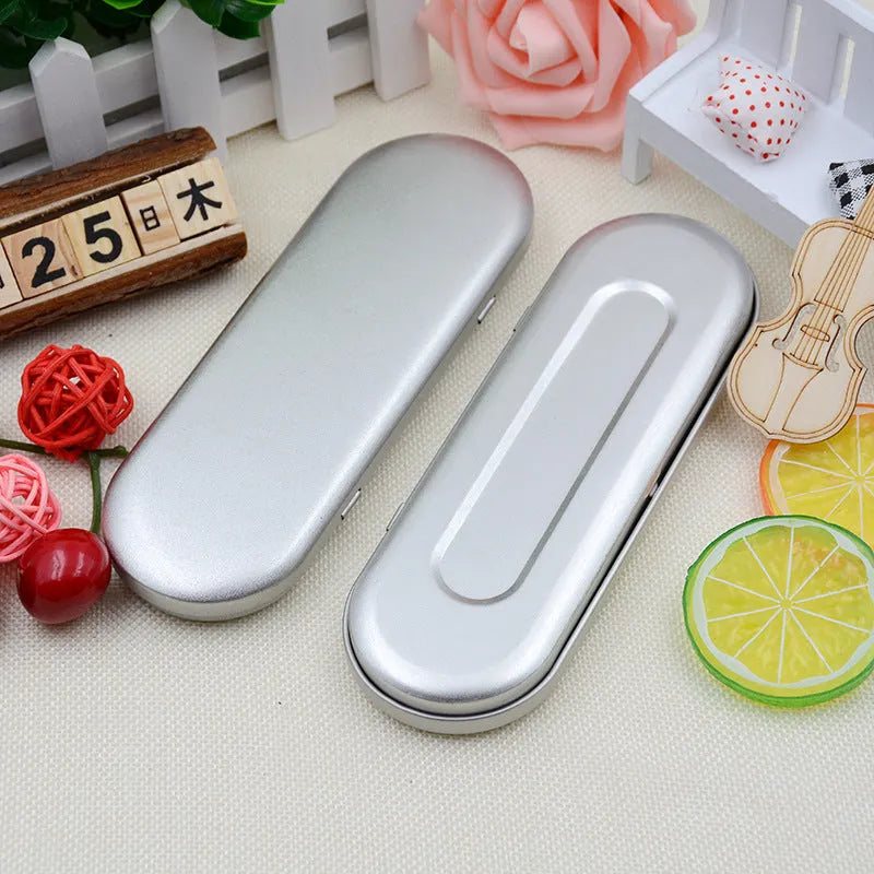Rectangular frosted iron tinplate box for cosmetic and pen storage, 175mm long.