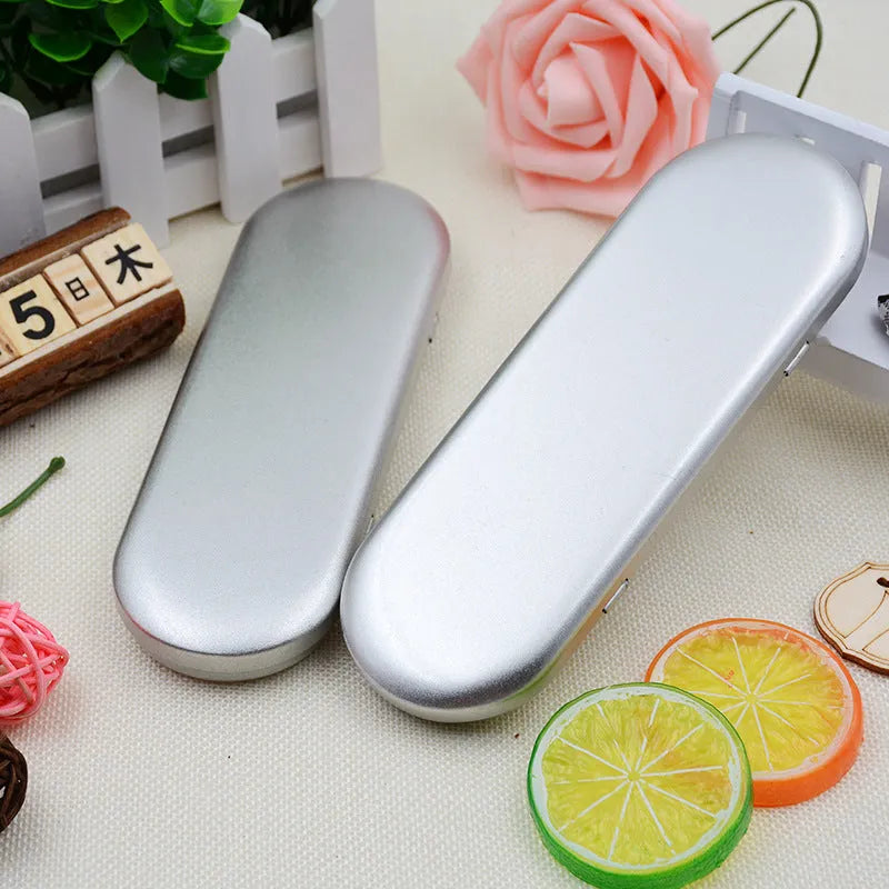 Rectangular frosted iron tinplate box for cosmetic and pen storage, 175mm long.